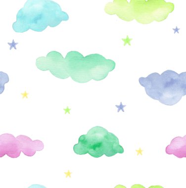 Mavi ve yeşil bulut ve yıldız sorunsuz tasarım, elle çizilmiş logo.