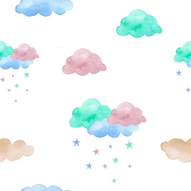 Sulu boya Dikişsiz desen renkli bulutlar ve yıldız.