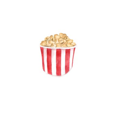 Suluboya pop corn logosu, beyaz arka plan, elle çizilmiş tasarım.