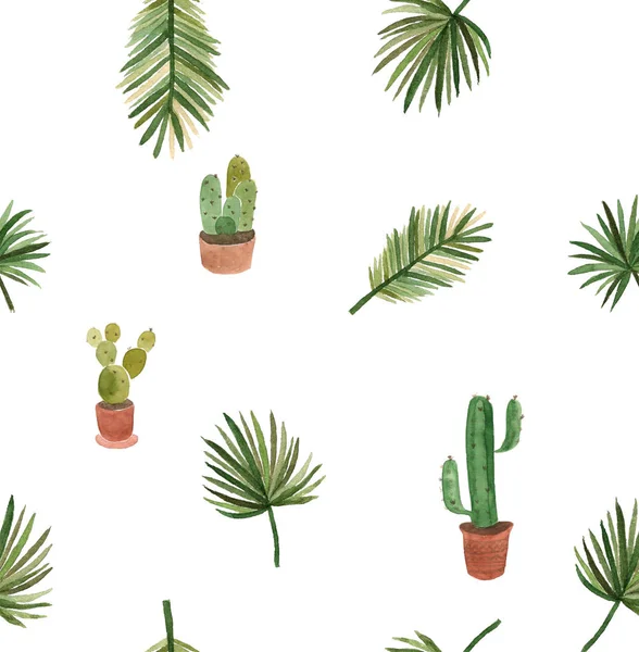 Akvarelu Kaktusy Palmy Listy Vzor Bezešvé Ručně Kreslenou Design — Stock fotografie