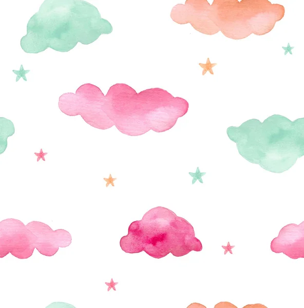 Padrão Sem Costura Aquarela Com Nuvens Coloridas Estrelas — Fotografia de Stock