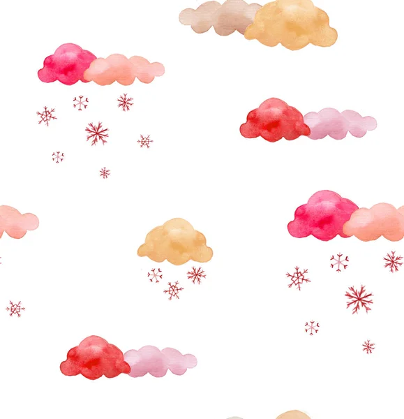 Akwarela Ilustracja Różowe Chmury Płatki Śniegu — Zdjęcie stockowe
