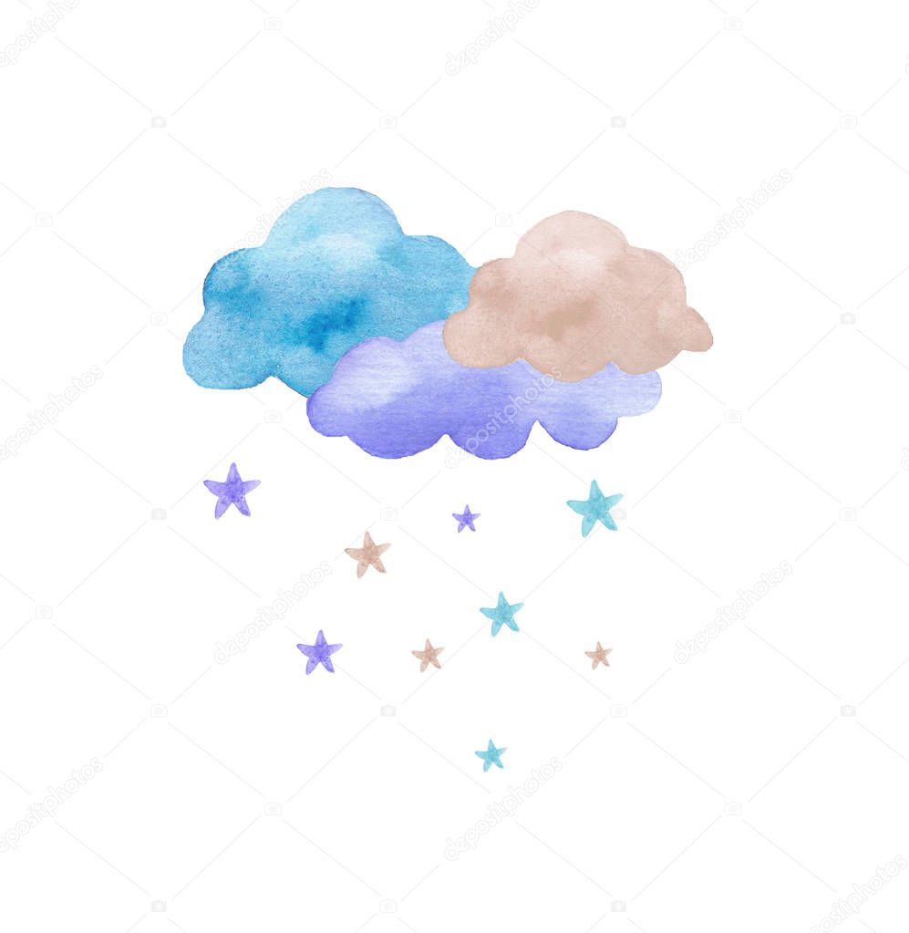 Blue and grey cloud and star set, hand drawn logotype.