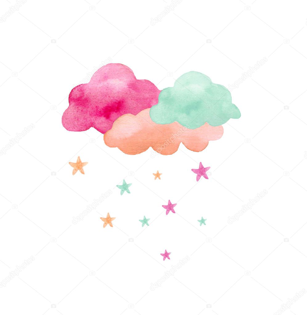 Pink and blue clouds, hand drawn watercolor design.