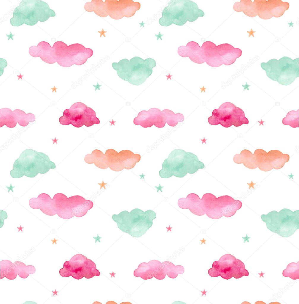 Watercolor seamless pattern with colorful clouds and stars.