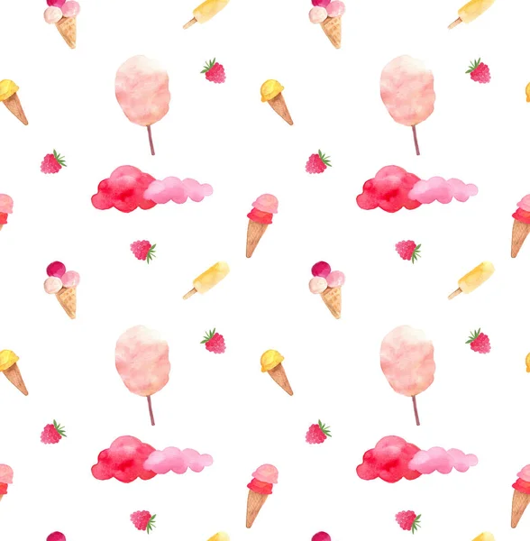 Watercolor Summer Design Hand Drawn Seamless Pattern Berries Cotton Candy — Stock Photo, Image