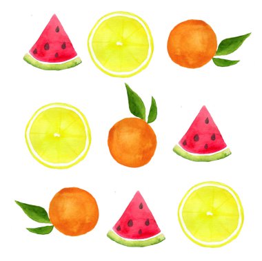 Karpuz, limon, portakal suluboya çizimi.