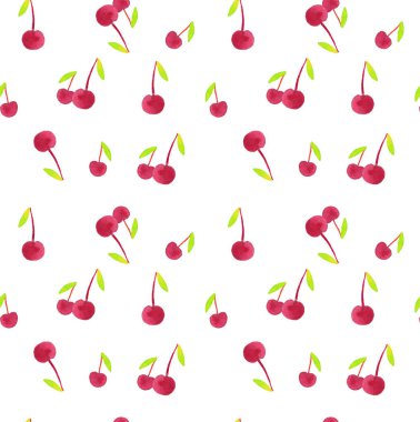 Suluboya kiraz yeşil yaprakları ile beyaz arka plan, sorunsuz tasarım ayarla.