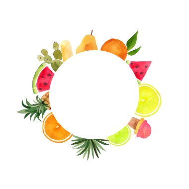 Suluboya yaz çelenk meyve, dondurma, kaktüs ve palmiye yaprakları.