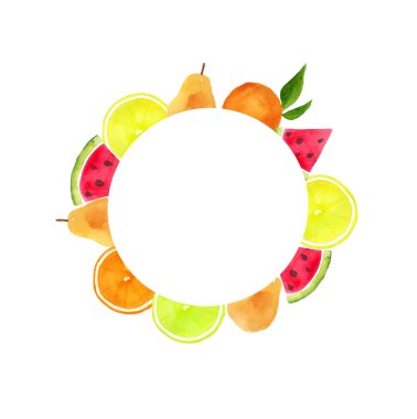 Mevsim meyveleri ile suluboya çelenk: portakal, karpuz, armut, limon.