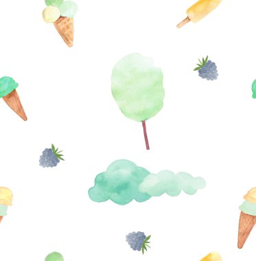 Suluboya yaz tasarım, çilek, pamuk şeker, dondurma ve mavi bulutlar ile el çekilmiş seamless modeli.