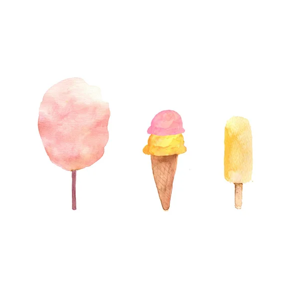 Aquarel Zomer Bezet Met Ijsje Popsicle Suikerspin — Stockfoto