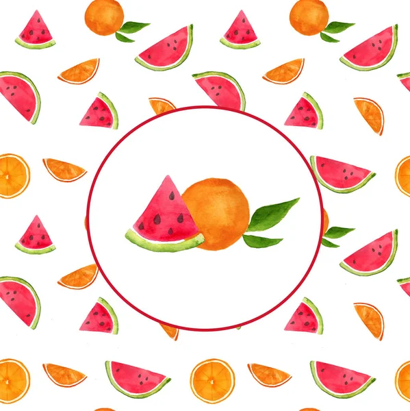 Akvarell Handritad Vattenmelon Och Orange Bakgrund Med Logo — Stockfoto