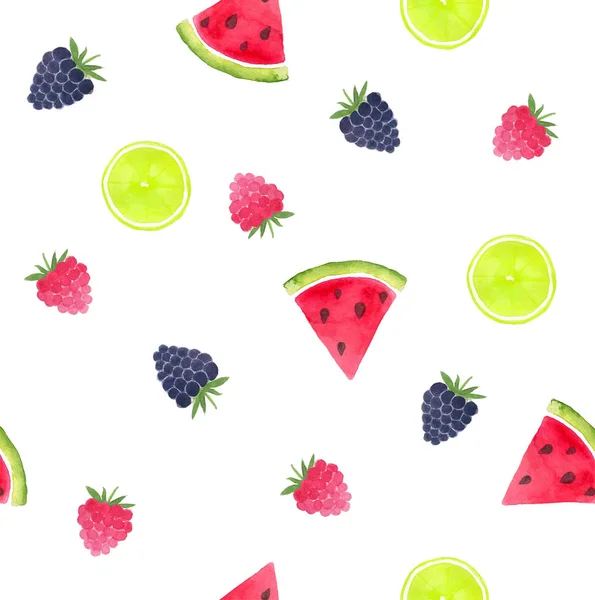 Aquarell Sommer Nahtlose Muster Mit Früchten Wassermelone Zitrone Limette Und — Stockfoto