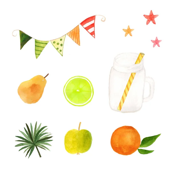 Set Acuarelas Con Elementos Veraniegos Frutas Taza Banderas Estrellas Diseño —  Fotos de Stock