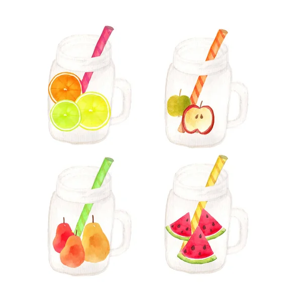 Tazas Vidrio Transparente Acuarela Con Bebidas Frutas Manzana Cítricos Sandía —  Fotos de Stock