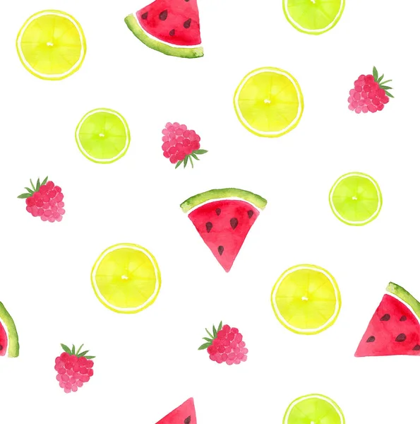 Aquarel Zomer Naadloze Patroon Met Vruchten Watermeloen Citroen Limoen Bessen — Stockfoto