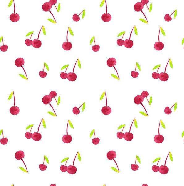 Watercolor cherry set with green leaves at white background, seamless design.