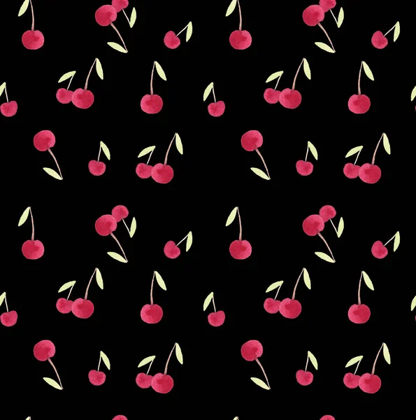 Yeşil yaprakları, suluboya kiraz kümesiyle el Siyah arka plan, çizilmiş sorunsuz tasarım.