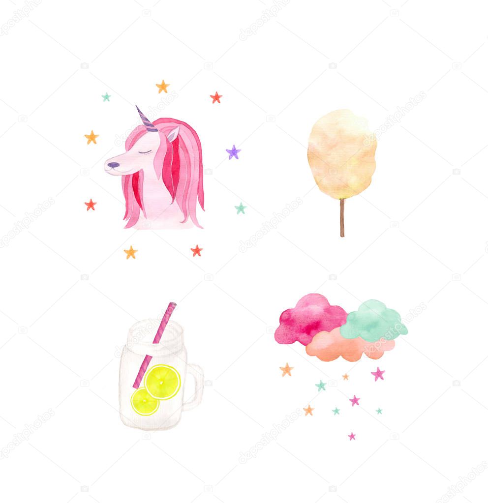 Watercolor children set with unicorn, clouds, star rain and sweet snacks.