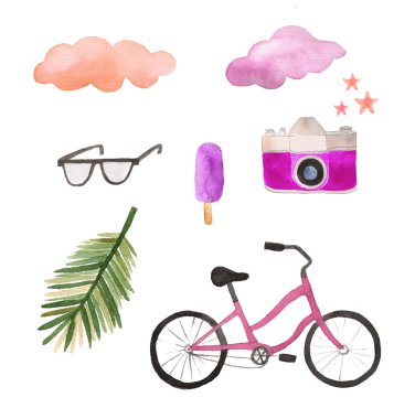 Suluboya yaz eskiz bisiklet, bulutlar, fotoğraf makinesi, güneş gözlüğü, palmiye yaprakları ile.