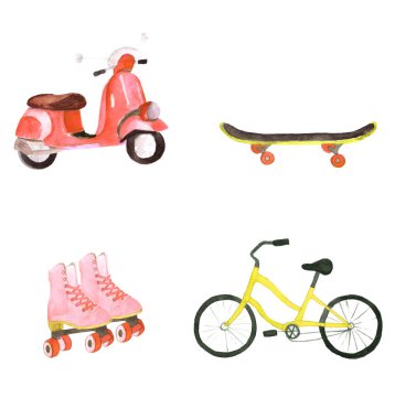 Suluboya yaz taşıma kümesine scooter, kaykay, silindirler ve bisiklet.