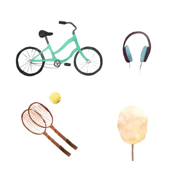 Conjunto Verão Aquarela Com Bicicleta Badminton Fones Ouvido Algodão Doce — Fotografia de Stock