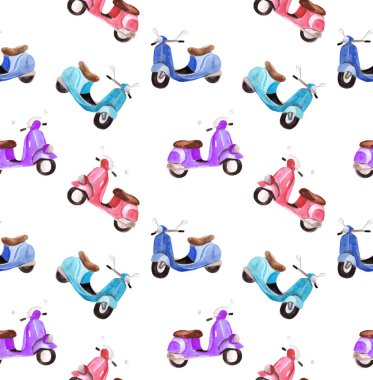 Pembe, mavi ve mor scooter ile ayarla suluboya karikatür tarzı seamless modeli.