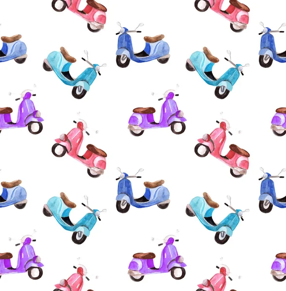 Pembe, mavi ve mor scooter ile ayarla suluboya karikatür tarzı seamless modeli.