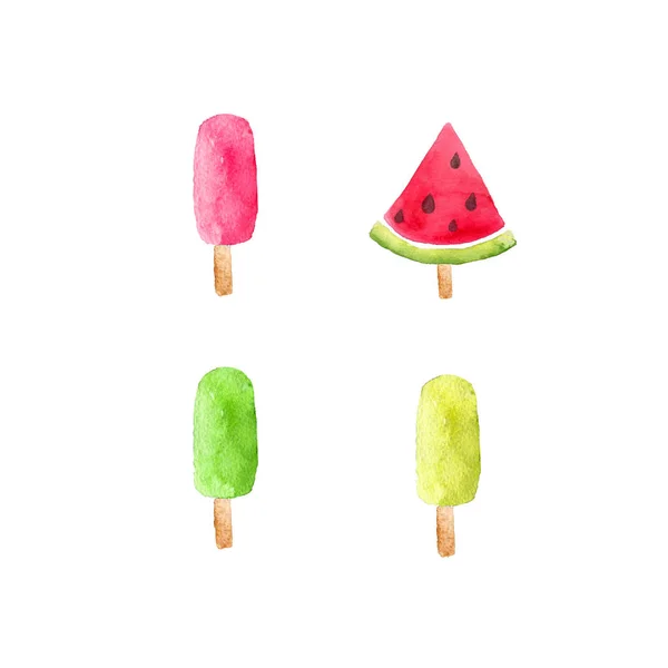 Akwarela Zbiór Kolorowych Popsicles Ręcznie Rysowane Projekt — Zdjęcie stockowe
