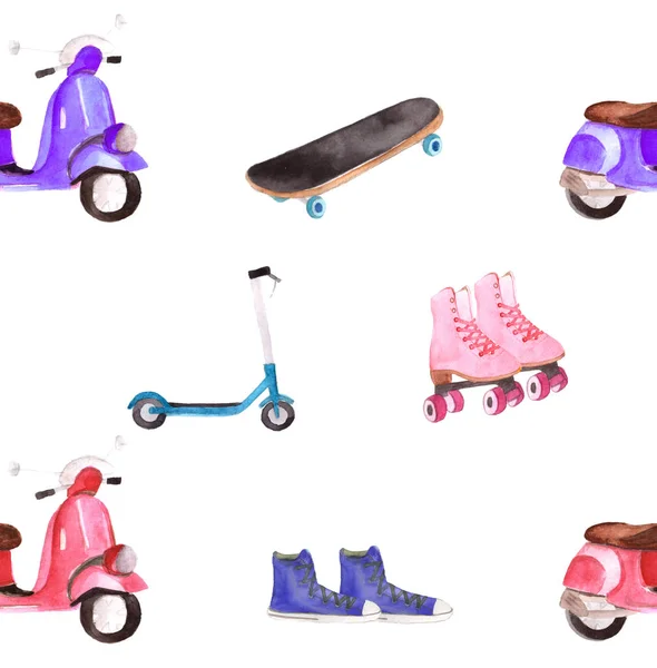 Watercolor Summer Transport Seamless Pattern Scooter Skateboard Bicycle Rollers Sneakers — Stock Photo, Image