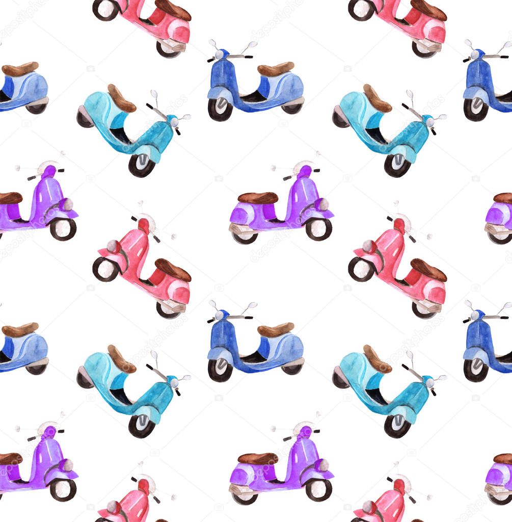 Watercolor set with pink, blue and purple scooters, seamless pattern in cartoon style.