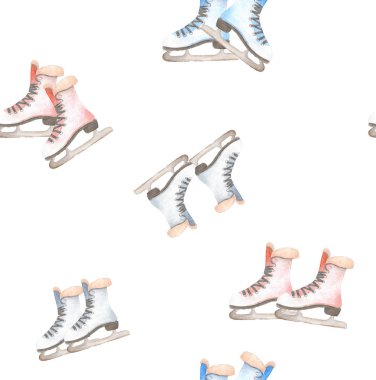 Kırmızı ve mavi patenler, elle çizilmiş illüstrasyon ile seamless modeli suluboya artistik buz pateni.