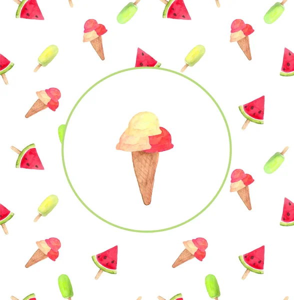 Aquarel Ice Cream Cone Logo Met Hand Getekende Ontwerp — Stockfoto