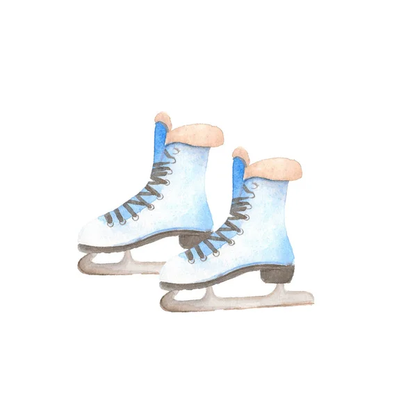 Watercolor blue figure skates, hand drawn logo at white background.