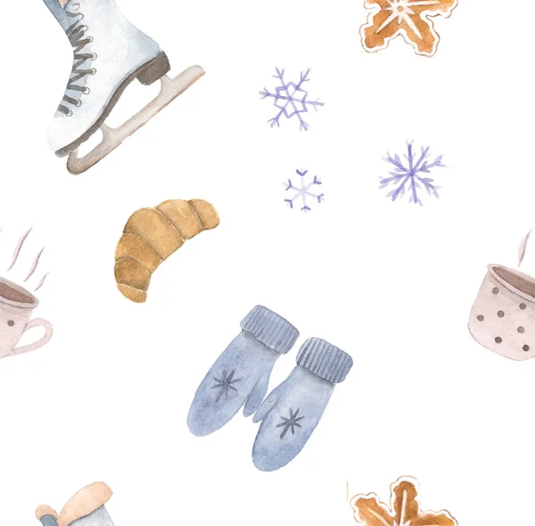 Watercolor Winter Seamless Pattern Figure Skates Snowflakes Mittens Pastry Hot — Stock Photo, Image