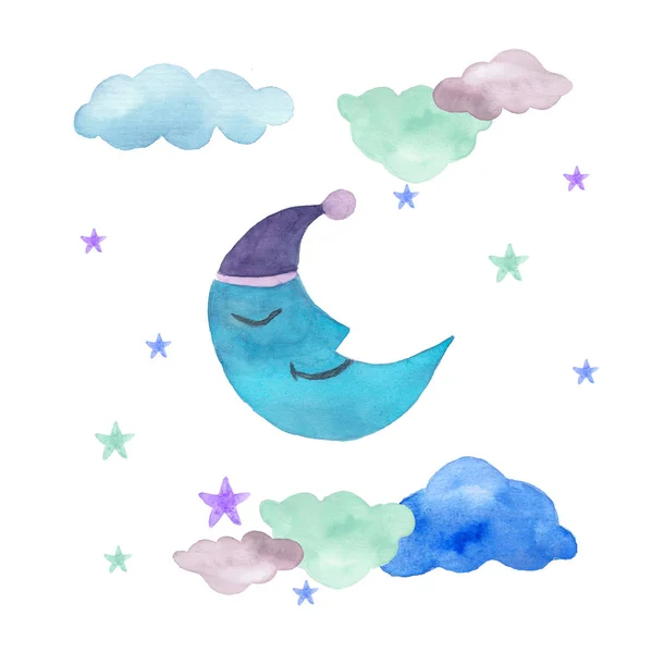Acuarela Lindo Diseño Luna Nubes Estrellas Color Azul — Foto de Stock