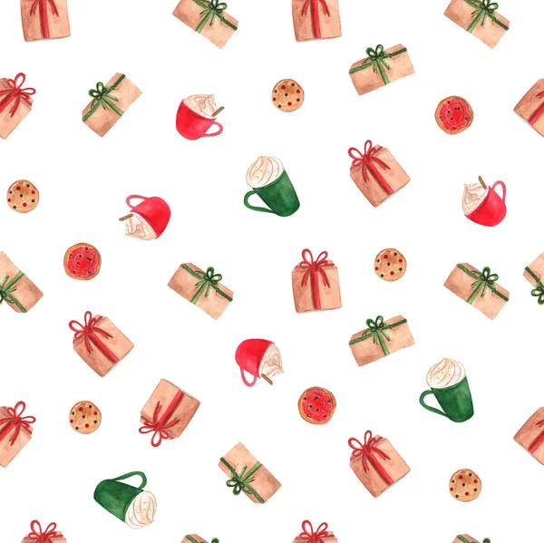 Akvarelu Vzor Bezešvé Vánoční Dárkové Krabice Šálky Kávou Domácí Sušenky — Stock fotografie