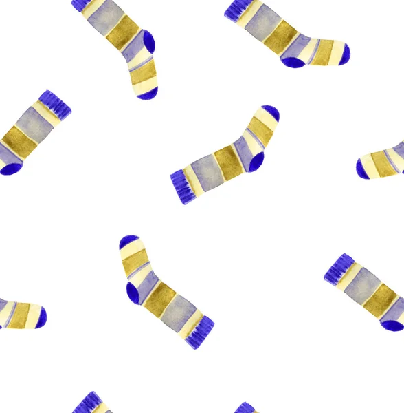 Aquarel Gebreide Elementen Hand Getekende Naadloze Patroon Met Wollen Sokken — Stockfoto