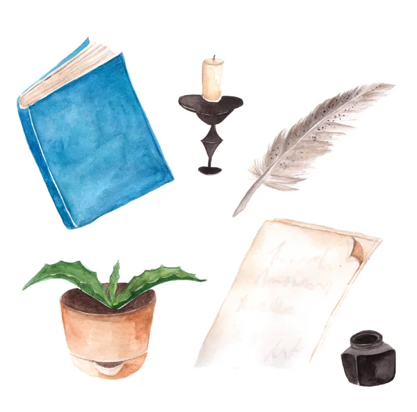 Bibliothèque Aquarelle Avec Livre Bougie Plantes — Photo