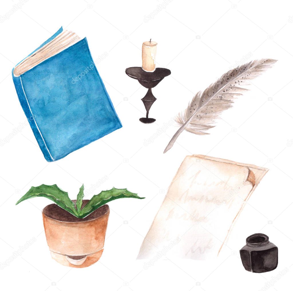 Watercolor library set with book, candle, plants