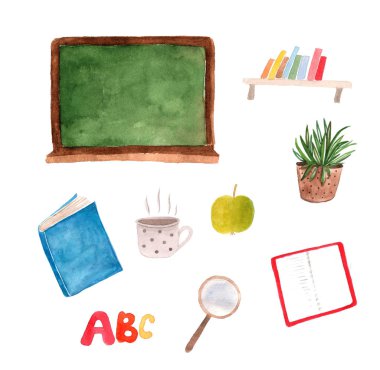 Suluboya öğretmen Blackboard, kitaplar, bitki ve aksesuarları ile ayarla.