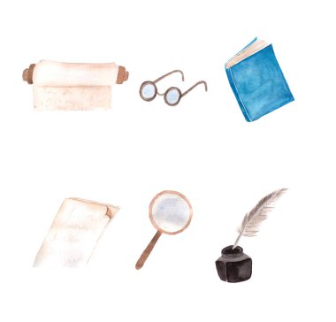 Watercolor intellectual collection with scientist attributes. clipart