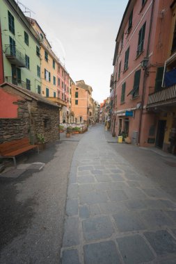 Vernazza, İtalya - 9 Eylül: Vernazza, İtalya için güneşli bir görünümü ana cadde boyunca renkli evlerin. Vernazza beş ünlü Cinque Terre köyleri biridir