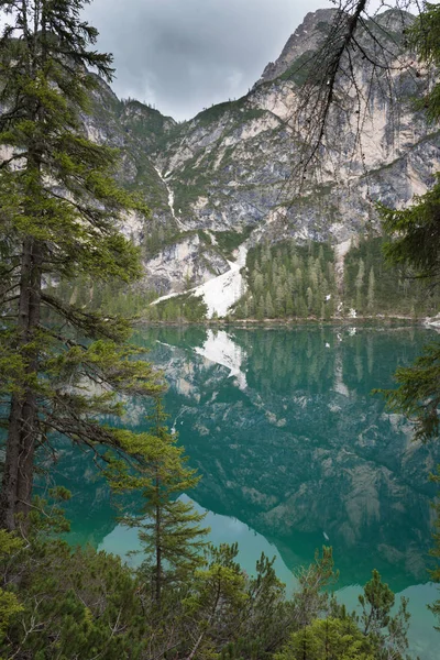 Lake Braies Also Known Lago Braies Lake Surrounded Mountains Which — Stock Photo, Image