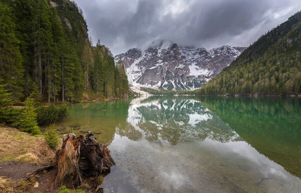 Nádherné Jezero Lago Braies Smaragdové Hladký Povrch Vody Odráží Dřevo — Stock fotografie