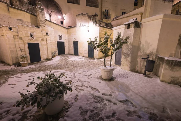 Vista Única Cidade Matera Completamente Coberta Neve Inverno Matera Itália — Fotografia de Stock