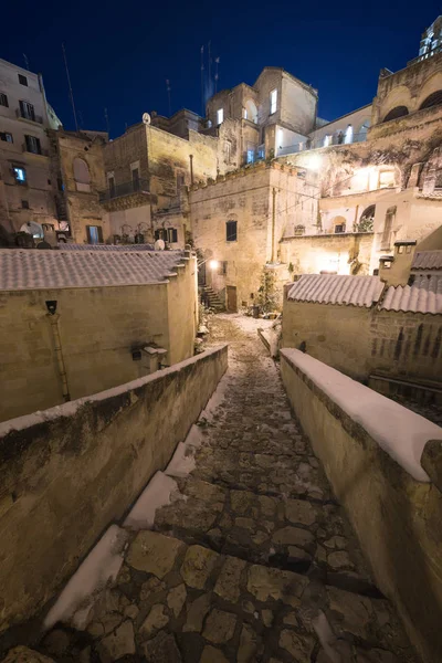 Unice View Matera Italy Durind Wintertime All Ancient Streets Snow — Stock Photo, Image