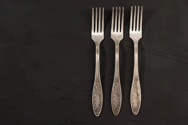 Very Old Set Three Rusty Vintage Silver Forks Black Cement — Stock Photo, Image