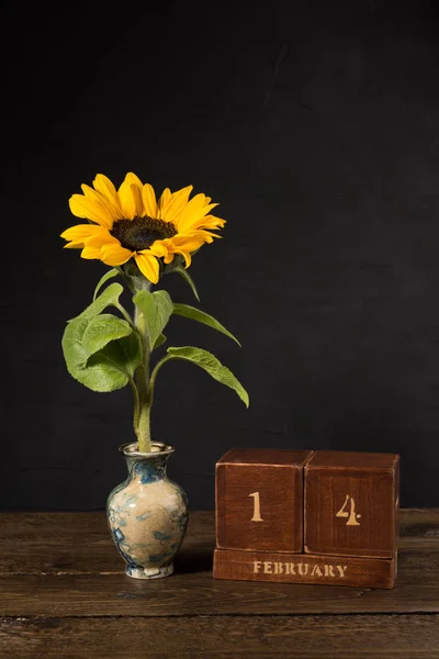 Glad Alla Hjärtans Dag Vintage Trä Evighetskalender För Februari Svart — Stockfoto